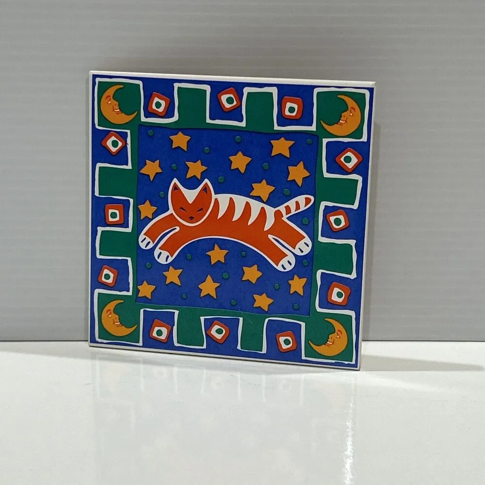 Papel Cat Moon Stars Ceramic Tile Trivet Wall Hanging  Freelance Taiwan Stylized
